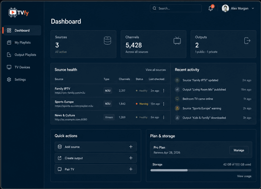 TVfy dashboard with source health, recent activity, and quick actions