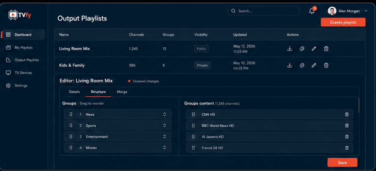 TVfy output playlist editor with group and channel structure